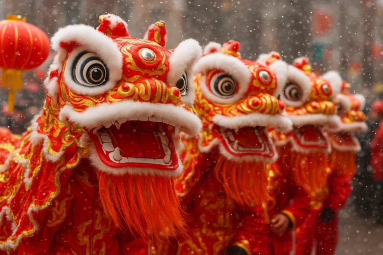 Dança do leão no Ano Novo Chinês com fantasias vermelhas.