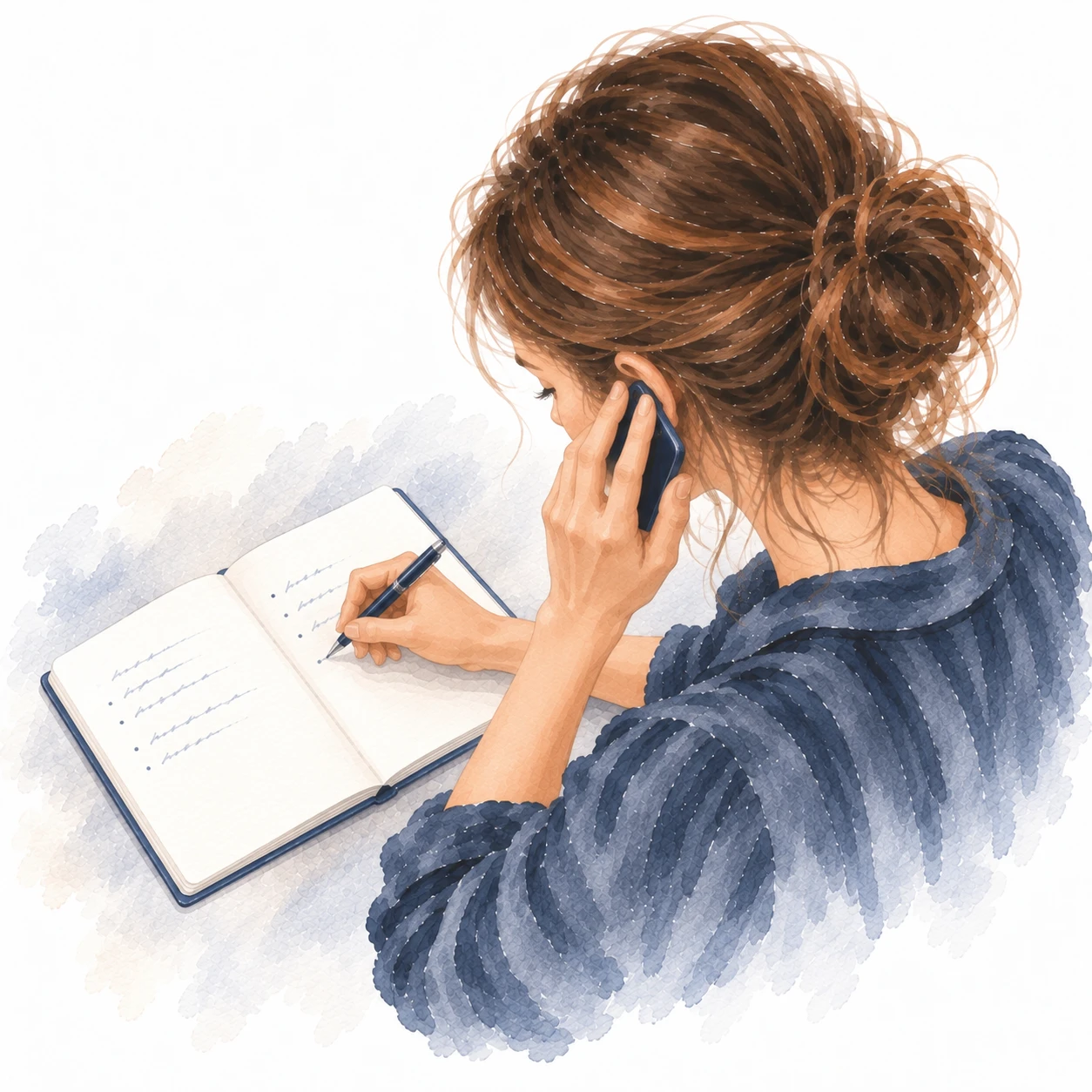 Ilustração em aquarela de uma mulher ao telefone, olhando para o caderno enquanto faz anotações.