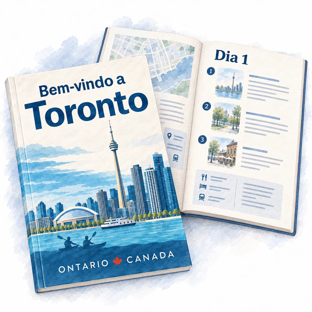 Ilustração em aquarela do guia Bem-vindo a Toronto, com a capa e páginas internas mostrando a organização de um dia, um mapa e informações práticas.