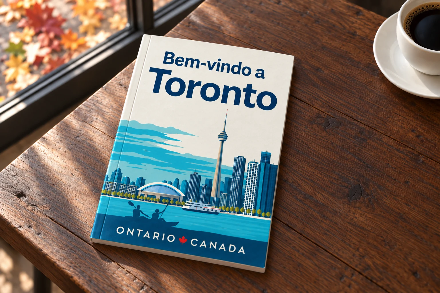 Livreto com capa ilustrada de Toronto sobre uma mesa de madeira escura, ao lado de um café, com folhas de outono do lado de fora da porta de vidro.