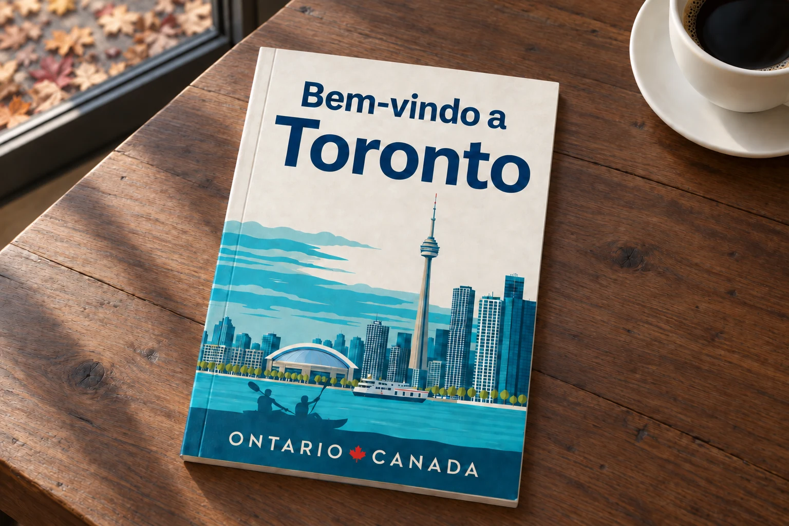 Livreto com capa ilustrada de Toronto sobre uma mesa de madeira escura, ao lado de um café, com folhas de outono do lado de fora da porta de vidro.